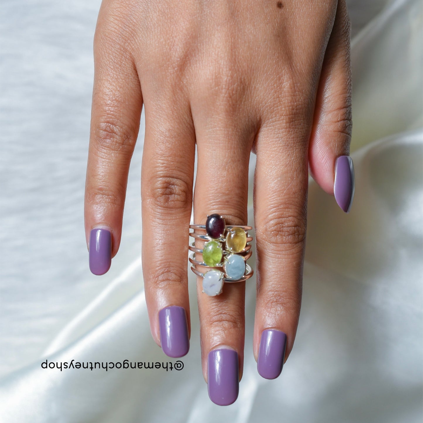 Oval Cabochon 92.5 Sterling Silver Adjustable Size Natural Crystal Stone Rings ✨ - TheMangoChutneyShop