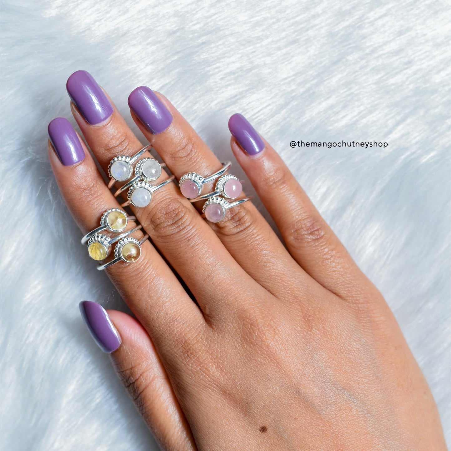 Round Shaped Natural Crystal Rings - 92.5 Sterling Silver Adjustable Size - TheMangoChutneyShop