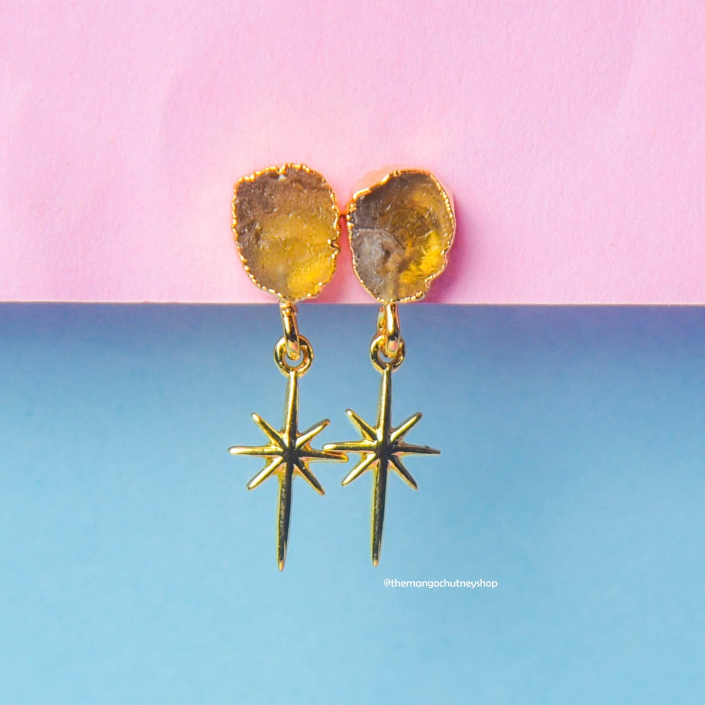 Natural Raw Stone Star Connector Hanging Earrings - TheMangoChutneyShop