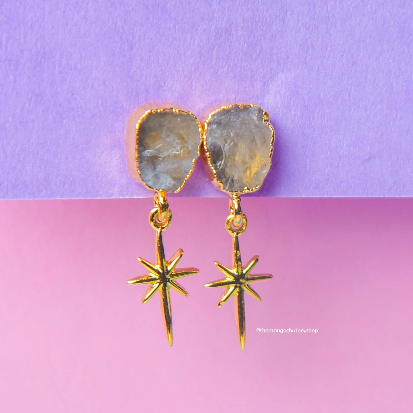 Natural Raw Stone Star Connector Hanging Earrings - TheMangoChutneyShop