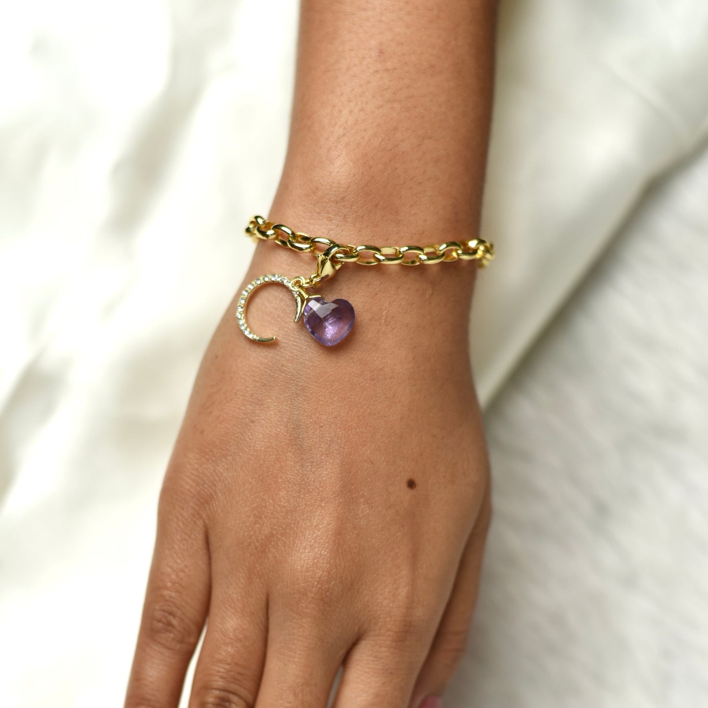 Chain Style Heart + Moon Detachable Charm Bracelet - TheMangoChutneyShop