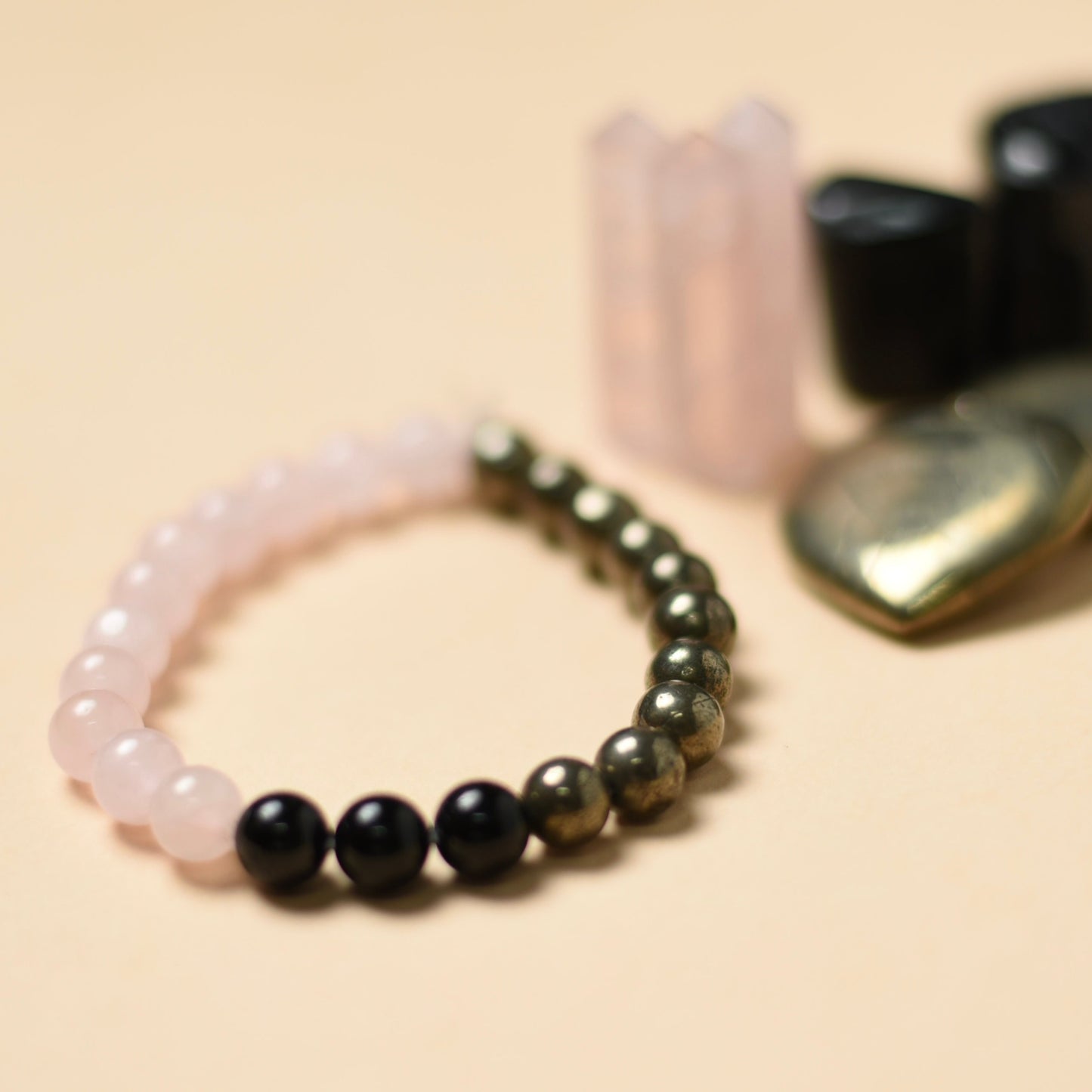 Love + Success + Protection Bracelet - Rose Quartz + Pyrite + Black Tourmaline - TheMangoChutneyShop