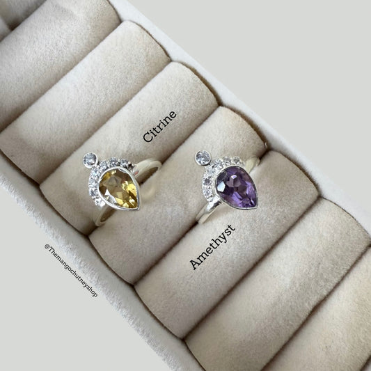 Crown + Pear Shaped 92.5 Sterling Silver Rings - Lab Certified & Adjustable