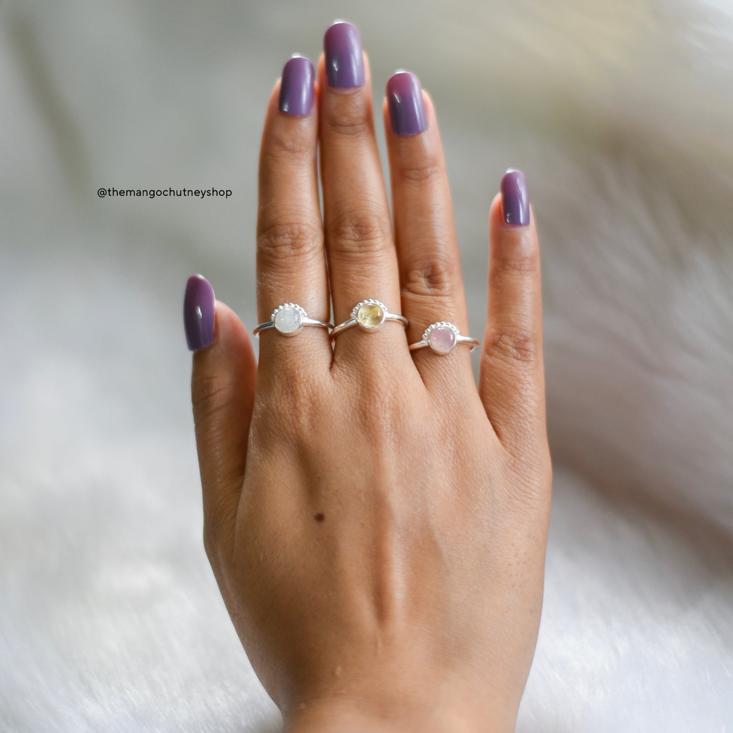 Round Shaped Natural Crystal Rings - 92.5 Sterling Silver Adjustable Size - TheMangoChutneyShop