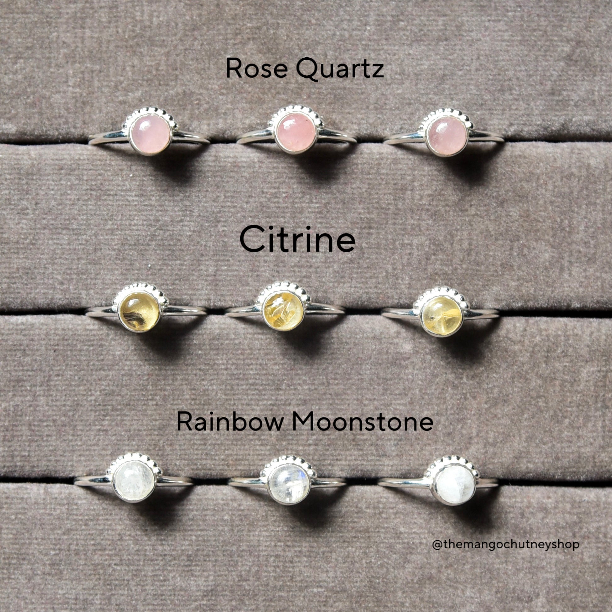 Round Shaped Natural Crystal Rings - 92.5 Sterling Silver Adjustable Size - TheMangoChutneyShop