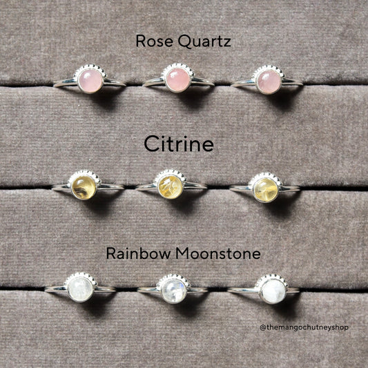 Round Shaped Natural Crystal Rings - 92.5 Sterling Silver Adjustable Size - TheMangoChutneyShop