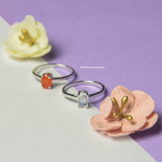 925 Sterling Silver Natural Rainbow Moonstone & Carnelian Ring With Lab Testing Certificate Of Authenticity,Size US - 7.5 - TheMangoChutneyShop