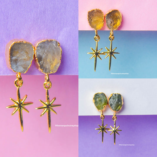 Natural Raw Stone Star Connector Hanging Earrings - TheMangoChutneyShop