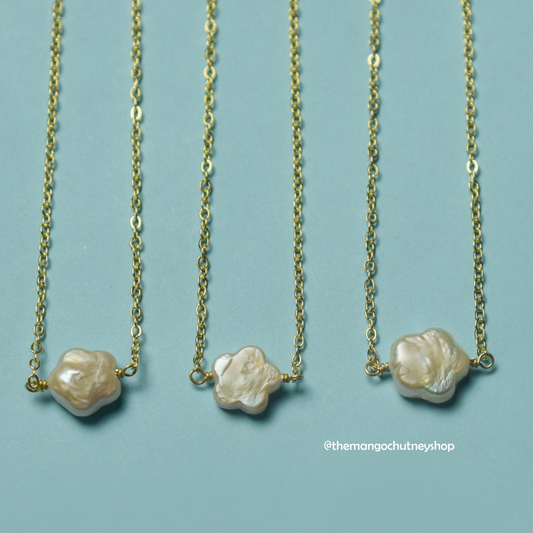 Flower Shaped Fresh Water Cultured Pearl Necklace- 18 inch - TheMangoChutneyShop