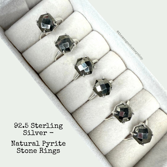 92.5 Silver Pyrite Rings – With Lab Certification, Adjustable Size.