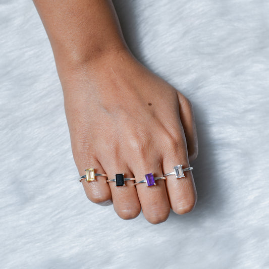 Rectangular Shaped Natural Crystal Rings - 92.5 Sterling Silver Adjustable Size - TheMangoChutneyShop