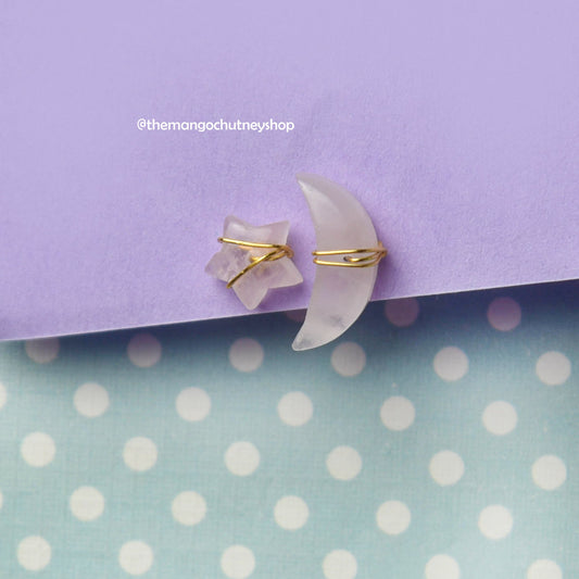 Wire Wrapped Mismatched Star and Moon Crystal Celestial Stud Earrings - TheMangoChutneyShop