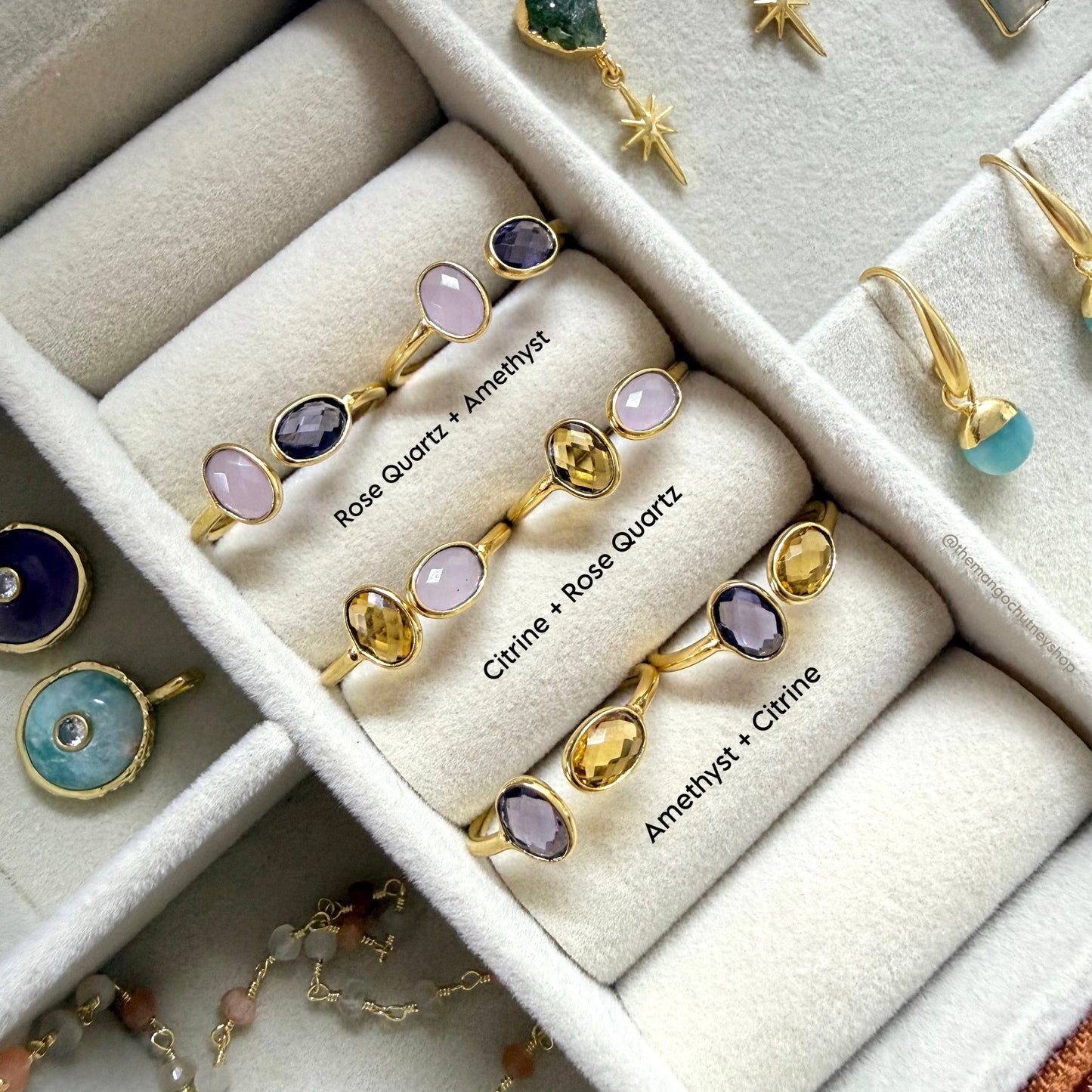 crystal rings, rose quartz citrine amethyst stone love stone anxiety stone money stone